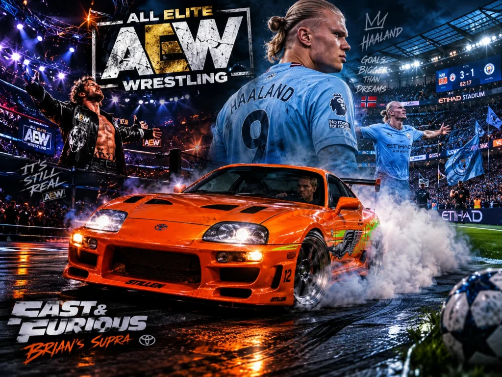 AEW wrestling, Erling Haaland and orange Brian Supra drifting at a football stadium